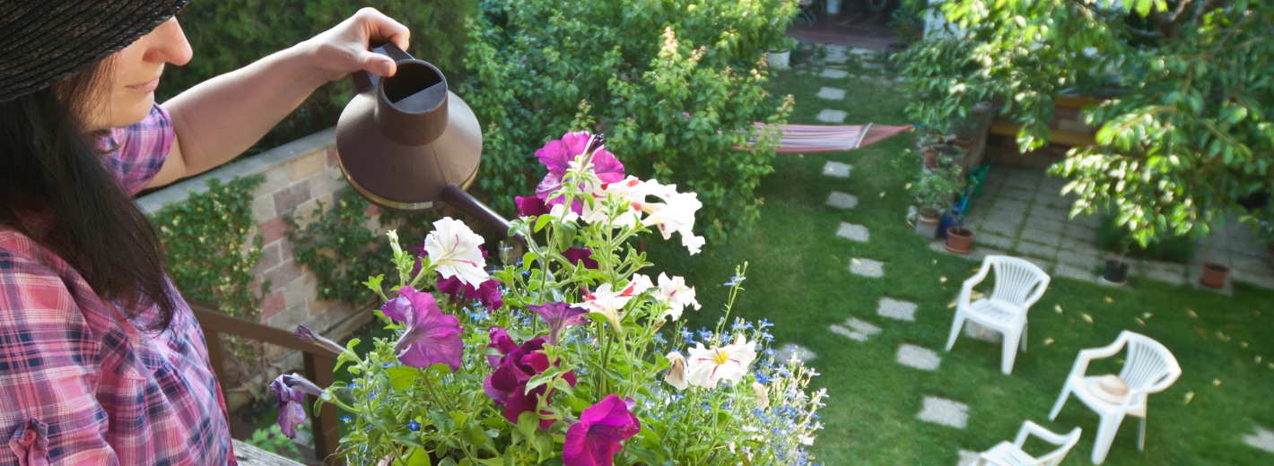 Frau giesst Blumen in Blumenkiste