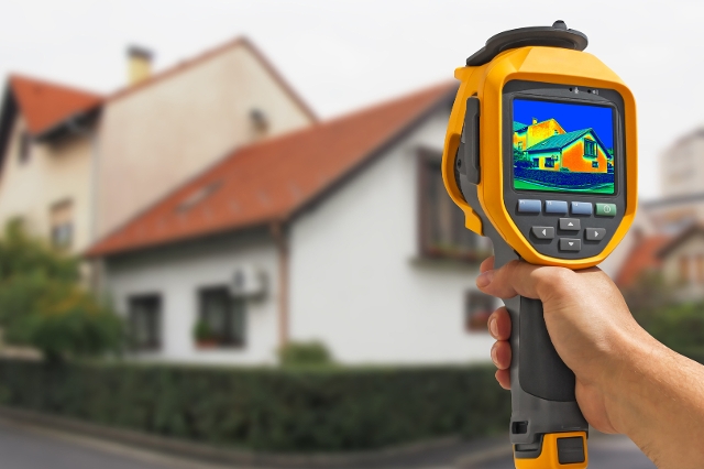 Wärmebildaufnahmen eines älteren Hauses mittel Infrarotbildkamera