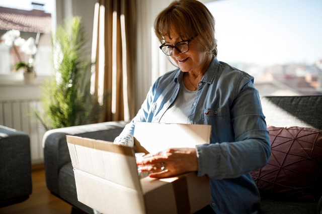 Dame öffnet ihren Einkauf aus Lagerhaus Onlineshop, den sie nach Hause liefern lassen hat.