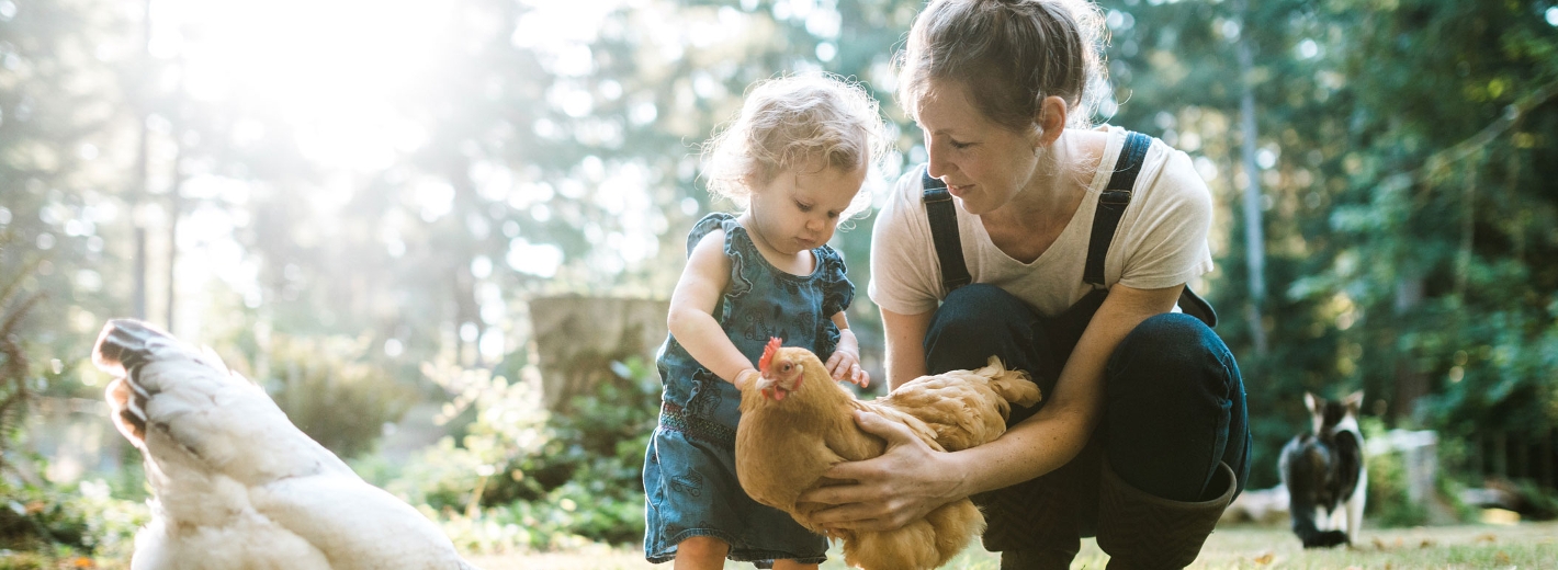 Frau und Kind mit Hühnern