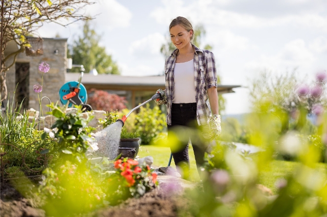 Dame bewässert neu angepflanztes Blumenbeet
