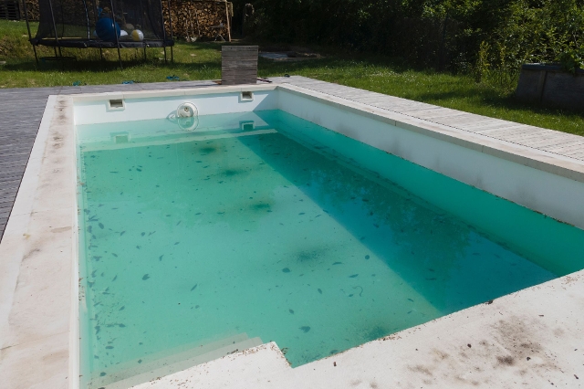 Pool mit Blättern und Schmutz vor Reinigung